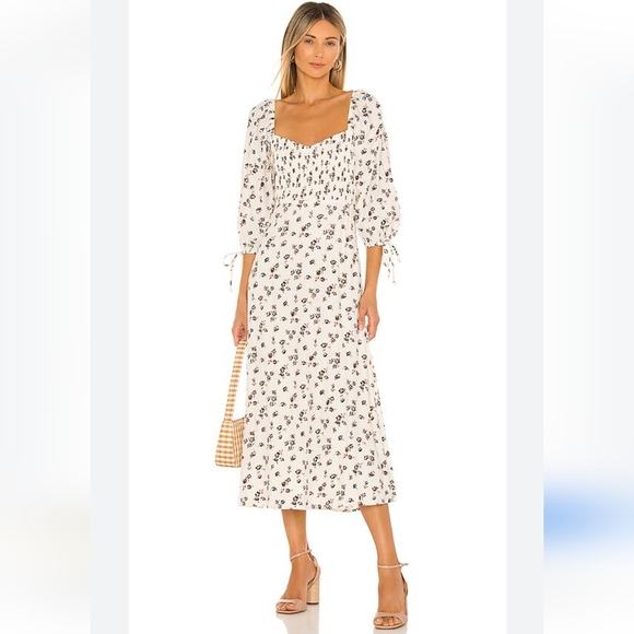 Faithfull the Brand Paola Floral-Print Shirred Midi Dress. White, brown. Boho. S - Picture 1 of 14